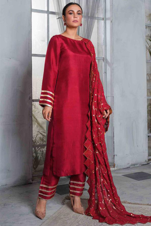 Cherry Red Silk Festive Wear Trouser Suit for EId With Gota Lace Work