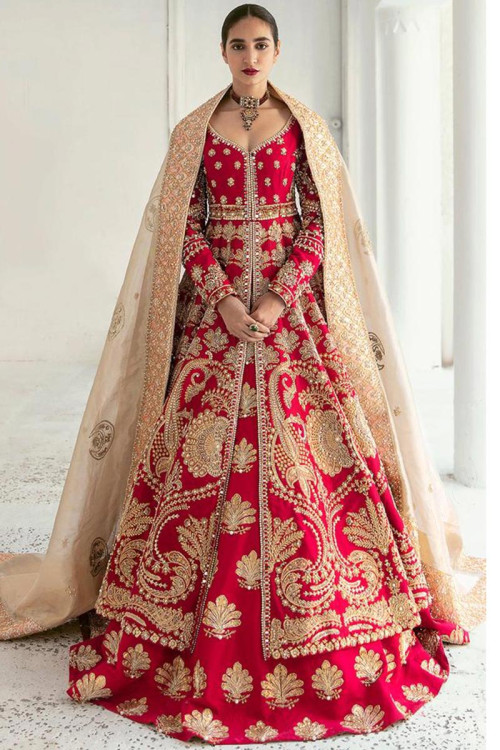 Cherry Red Silk Front Slit Embroidered Pakistani Bridal Lehenga