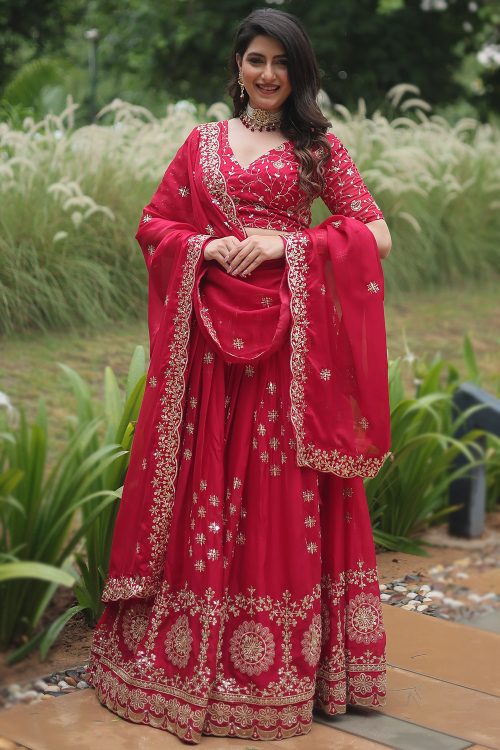 Cherry Red Silk Sequins Embroidered Lehenga