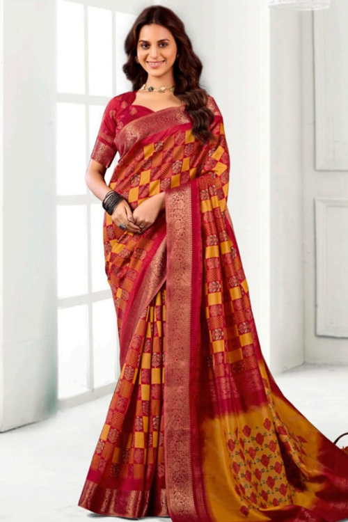 Cherry Red Soft Silk Broad Border Saree With Printed Work