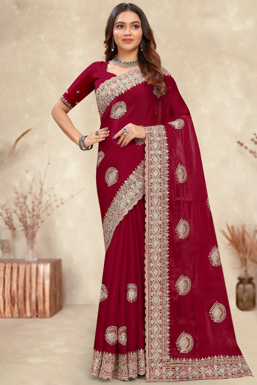 Cherry Red Stone Embellished Heavy Crepe Silk Saree