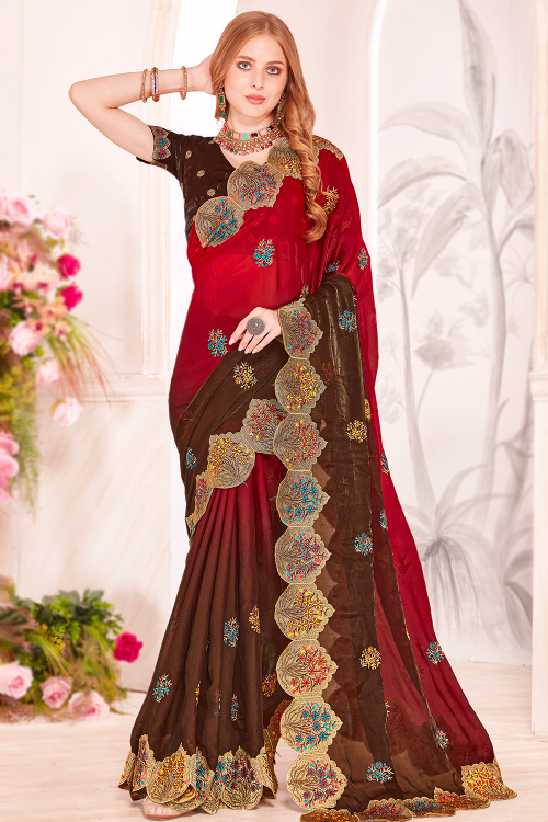 Cherry Red Tissue Silk Saree With Printed Work For Festival