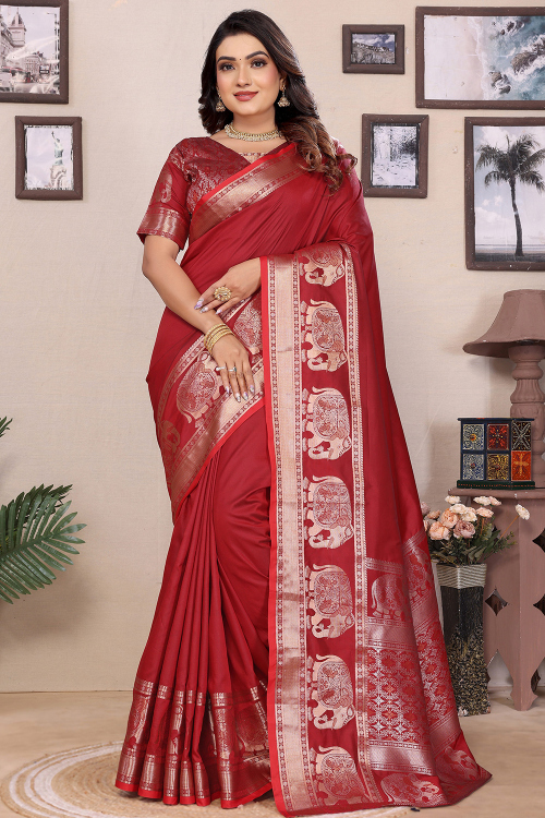 Cherry Red Weaved Art Silk Saree For Festive Wear