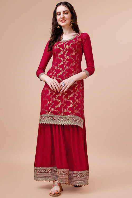 Cherry Red Weaved Zari Chanderi Silk Palazzo Suit For Sangeet 
