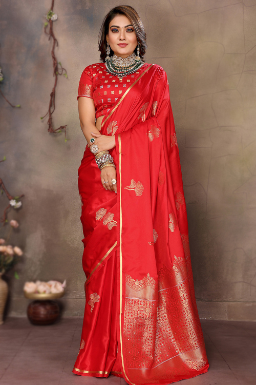Cherry Red Woven Zari Broad Border Art Silk Saree