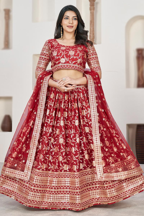 Cherry Red Woven Zari Silk Flared Style Lehenga