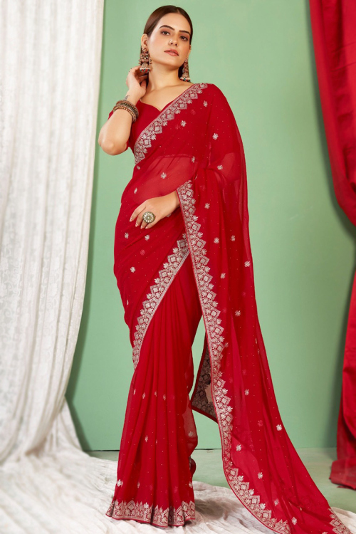 Cherry Red Zari Embroidered Georgette Light Weight Saree
