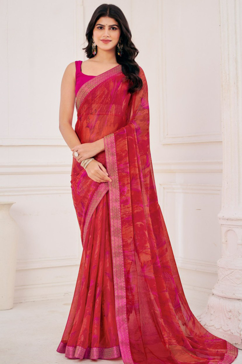Chiffon Brick Red Saree with Printed Work for Casual Wear