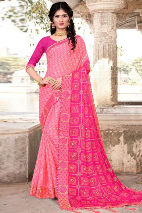 Chiffon Carnation Pink Printed Casual Wear Saree