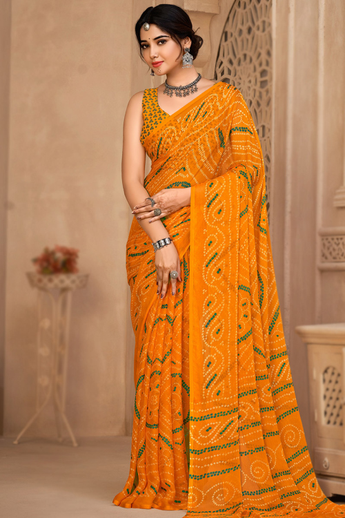 Chiffon Carrot Orange Bandhej Printed Casual Wear Saree 