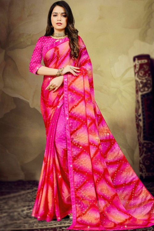 Chiffon Cerise Pink Printed Saree For Sangeet 