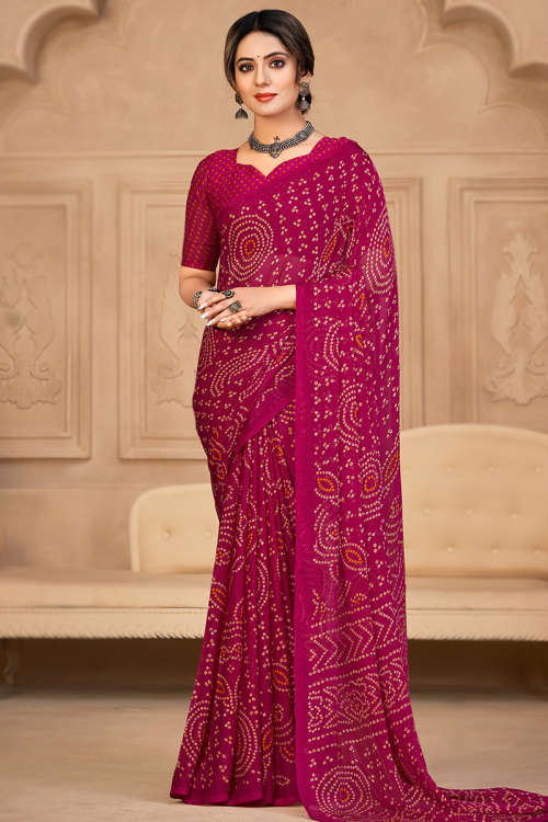 Chiffon Dark Hot Pink Bandhej Printed Casual Wear Saree 