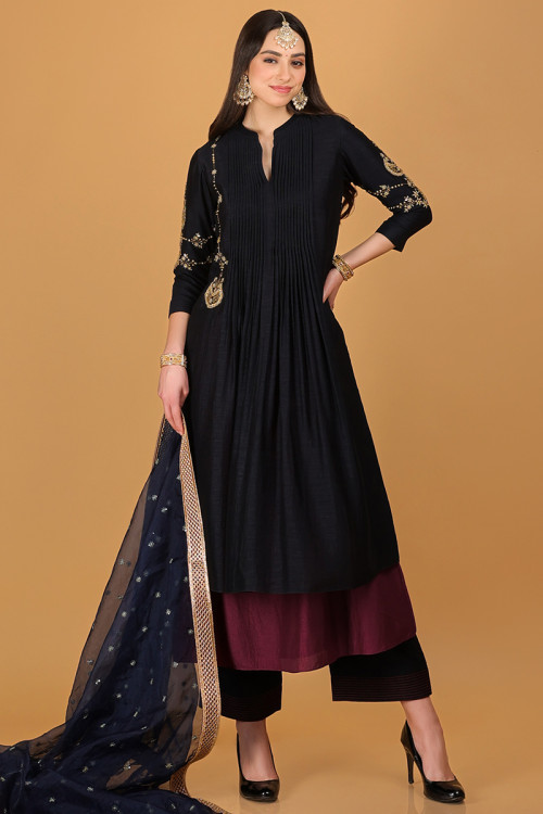 Chiffon Dark Prussian Blue Embroidered Straight Pants Suit