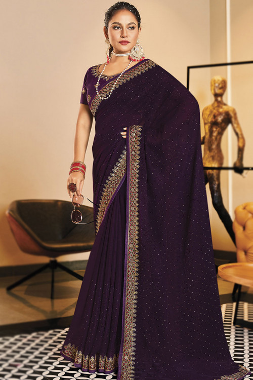 Chiffon Dark Purple Zari Embroidered Light Weight Saree