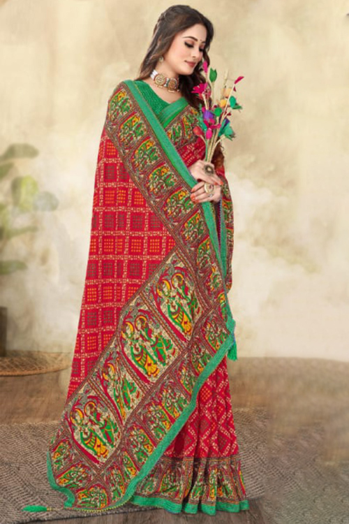 Chiffon Deep Red Printed Casual Wear Saree 