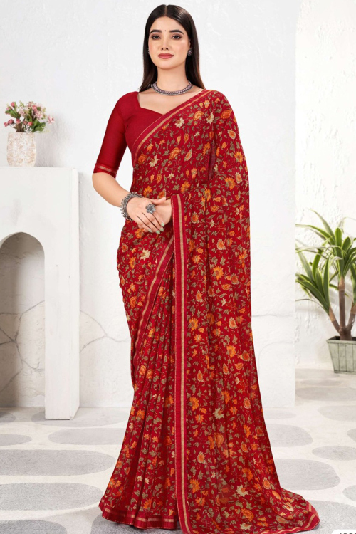 Chiffon Deep Red Saree with Printed Work for Casual Wear 