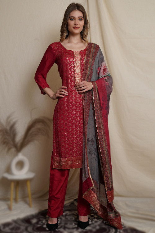 Chiffon Deep Red Sequins Embroidered Trouser Suit 