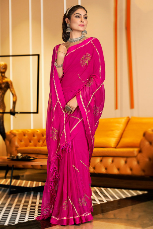 Chiffon Embroidered Hot Pink Casual Wear Saree