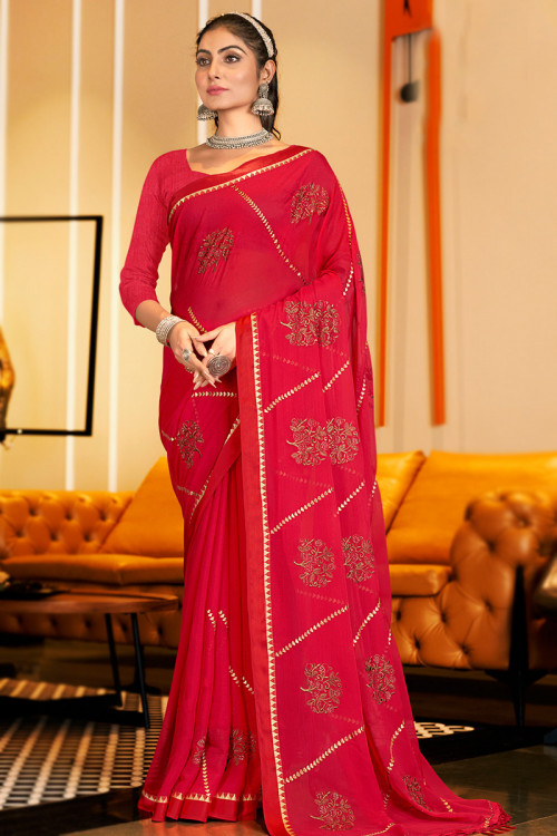 Chiffon Embroidered Ruby Red Light Weight Saree