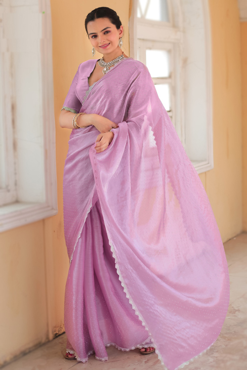 Chiffon Lavender Pink Stone Embellished Shimmer Saree 