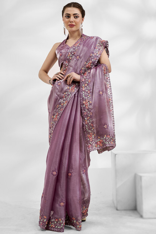 Chiffon Lavender Purple Zari Embroidered Sangeet Saree 