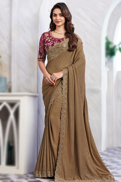 Chiffon Light Brown Embroidered Shimmer Saree