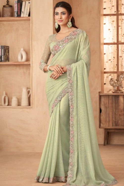 Chiffon Light Green Lace Embroidered Shimmer Saree 