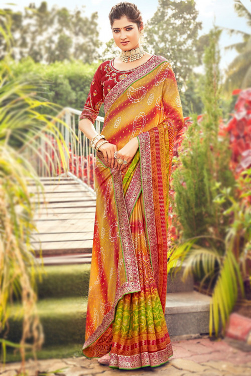 Multicolor Bandhani Print Saree With Blouse 3022SR02