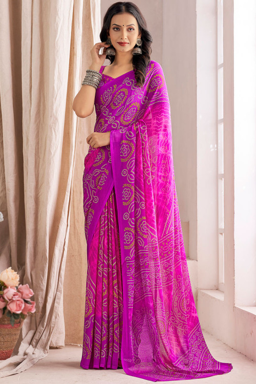 Chiffon Magenta Pink Bandhej Printed Casual Wear Saree 
