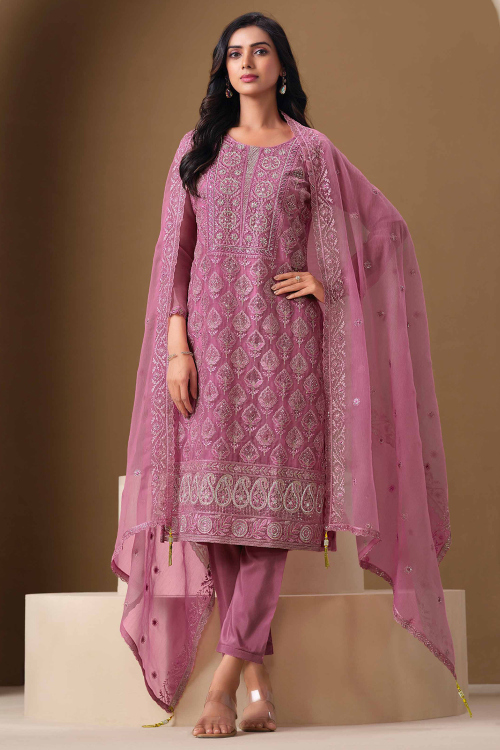 Chiffon Mauve Pink Straight Cut Trouser Suit With Zari Work 