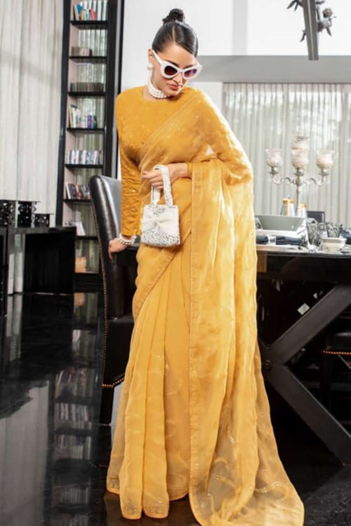 Chiffon Mustard Yellow Embroidered Saree For Festival