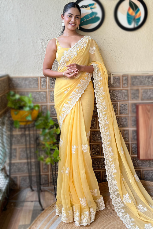 Chiffon Mustard Yellow Embroidered Shimmer Saree