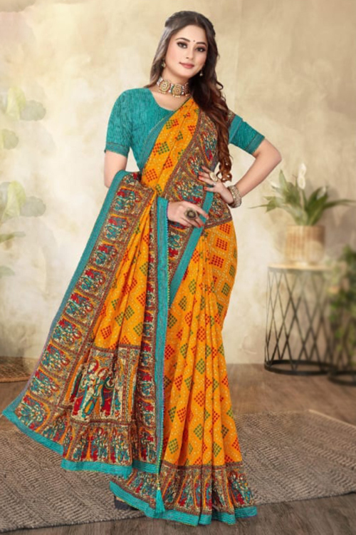Chiffon Mustard Yellow Printed Casual Wear Saree 