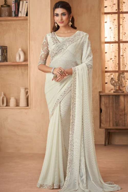 Chiffon Off White Lace Embroidered Light Weight Saree