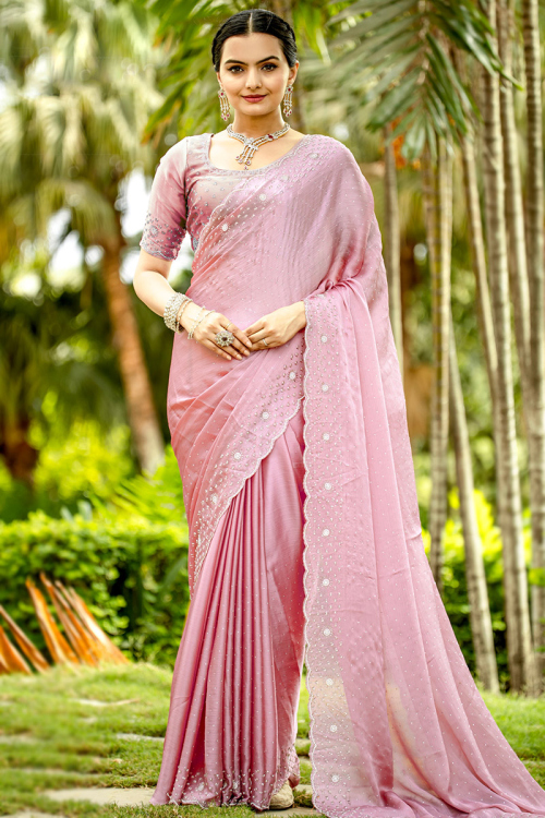 Chiffon Pastel Pink Stone Embellished Light Weight Saree