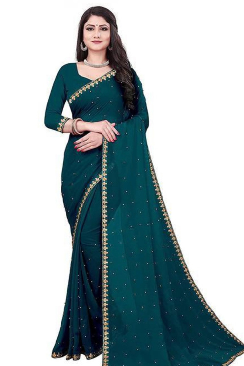 Chiffon Peacock Blue Lace Embroidered Light Weight Saree