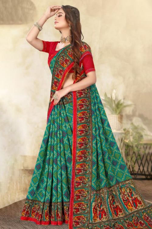 Chiffon Peacock Green Printed Casual Wear Saree 