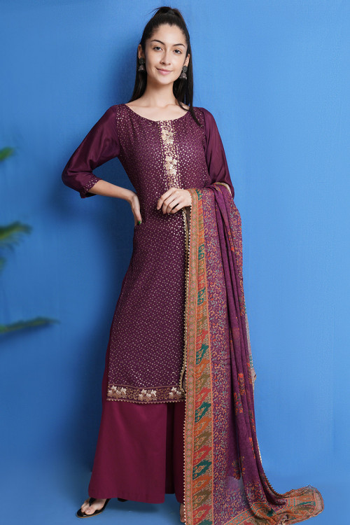 Meher Dress Designs of Plazo Suits in Maroon Colour