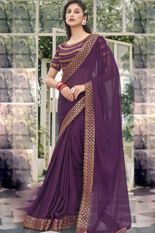 Chiffon Plum Purple Saree With Embroidered Lace