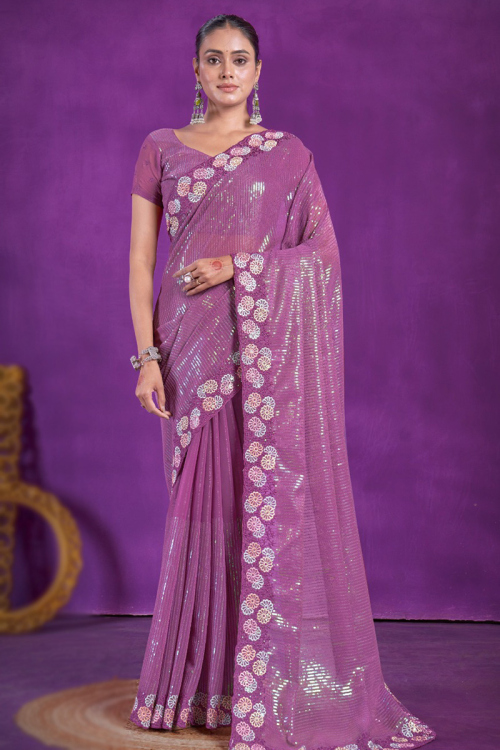 Chiffon Plum Purple Sequins Embroidered Shimmer Saree