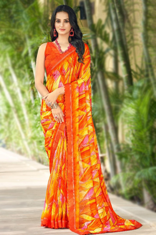 Chiffon Printed Orange Lace Work Casual Wear Saree