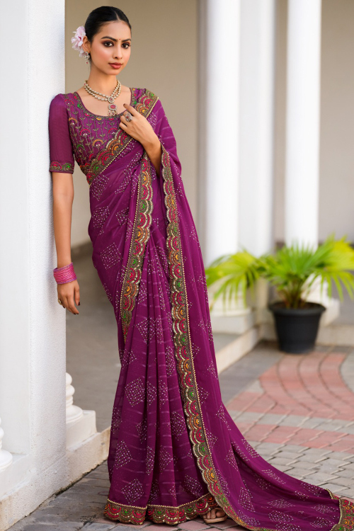 Chiffon Purple Printed Saree For Festival