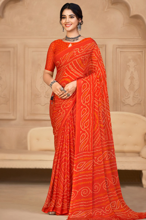 Chiffon Reddish Orange Bandhej Printed Casual Wear Saree 