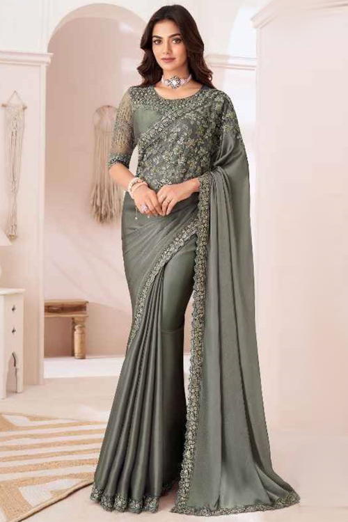 Chiffon Sage Green Beads Embroidered Sangeet Saree 