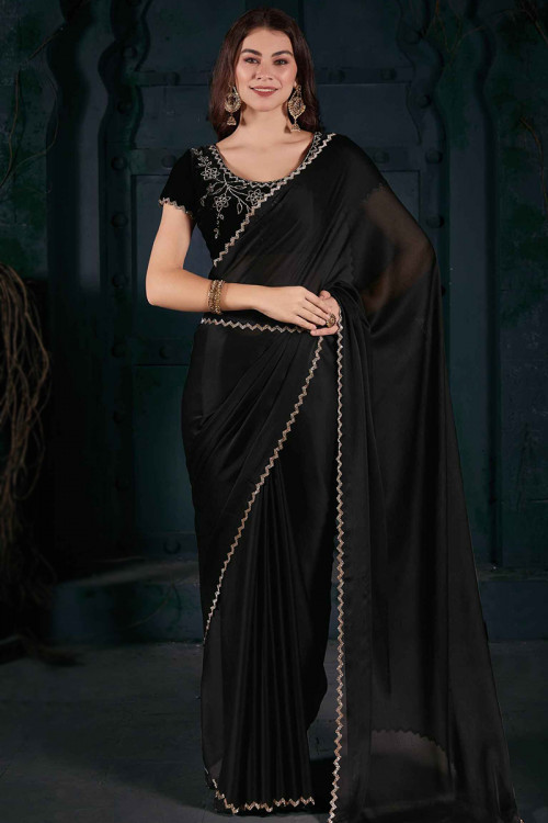 Chiffon Silk Black Stone Embellished Light Weight Saree 