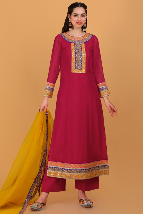 Chiffon Silk Ruby Pink Embroidered Straight Pant Suit 