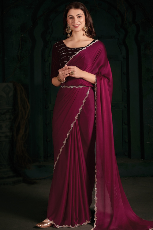Chiffon Stone Embellished Rani Pink Light Weight Saree
