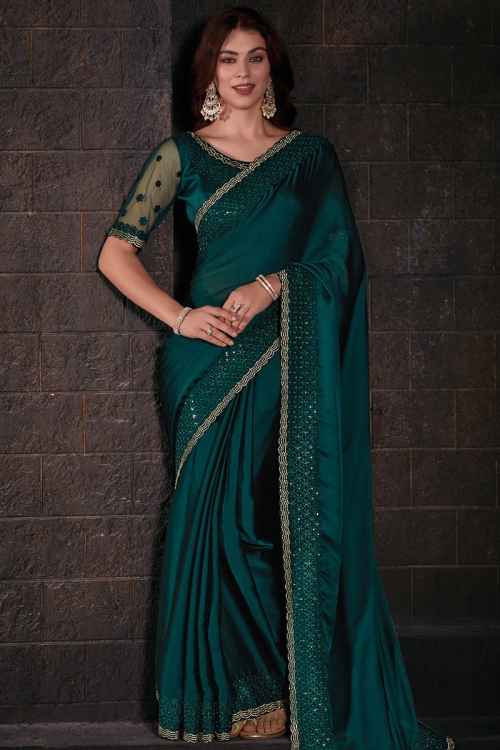 Chiffon Teal Green Dori Embroidered Light Weight Saree