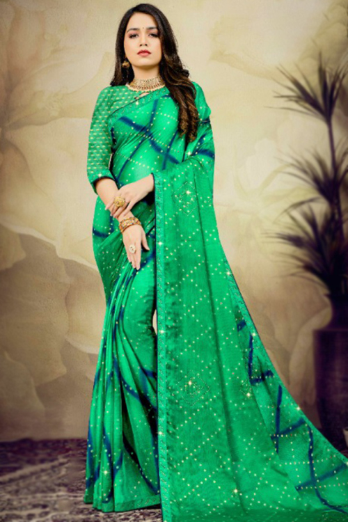 Chiffon Teal Green Printed Saree For Sangeet