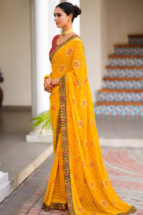 Chiffon Yellow Printed Saree For Festival